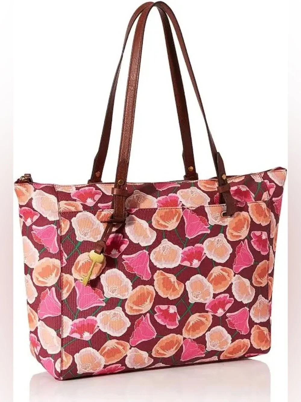 Fossil Pink Rachel Floral Print Tote with Brown Leather Straps, gold key